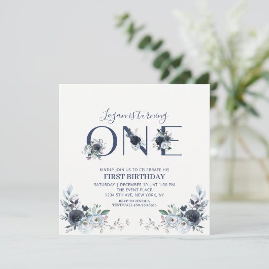 ネイビーブルーボホフローラボーイ1stバースデースクエア 招待状 (スタンド正面)