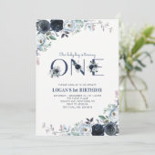 ネイビーブルーボホフローラボーイ1st誕生日パーティー 招待状 (スタンド正面)