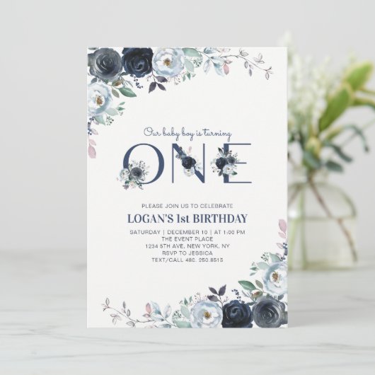 ネイビーブルーボホフローラボーイ1st誕生日パーティー 招待状 (スタンド正面)