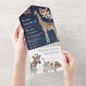 ネイビーブルーボホワイルドサファリキリン赤ちゃんシャワー オールインワン招待状 (貼ってはがせる)