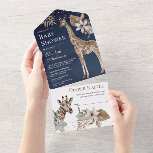 ネイビーブルーボホワイルドサファリキリン赤ちゃんシャワー オールインワン招待状 (貼ってはがせる)