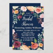 ネイビーブルーボホーグリーンリー秋フローラブライダルシャワー 招待状 (正面/裏面)