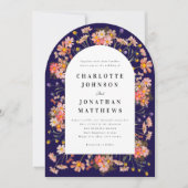 ネイビーブルーボホ秋ワイルドフラワーアーチ結婚ーズ 招待状 (正面)