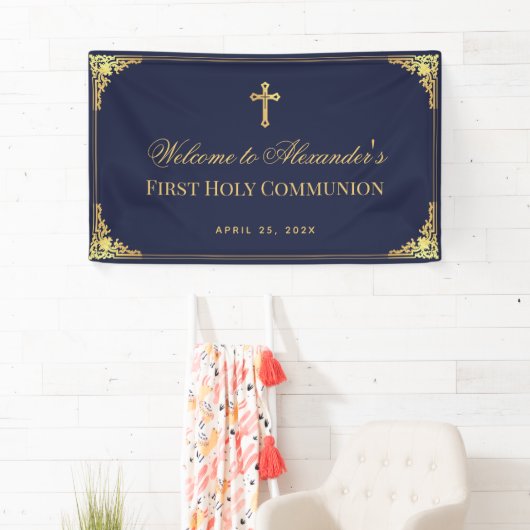 ネイビーブルーボーイファースト通信フェイク金ゴールドヴィンテージ 横断幕 (インサイチュ)