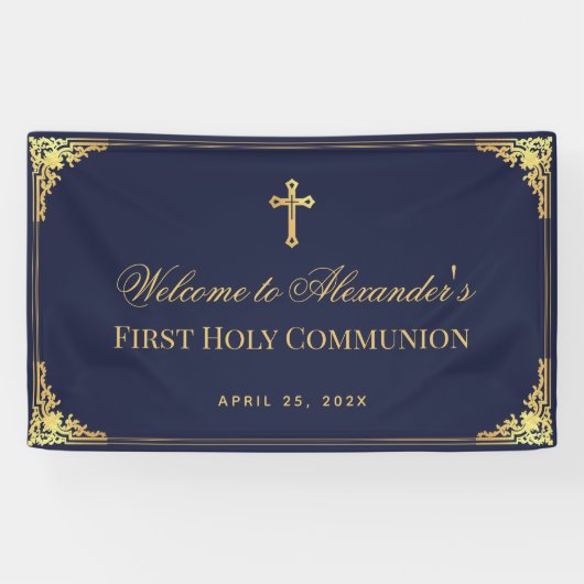 ネイビーブルーボーイファースト通信フェイク金ゴールドヴィンテージ 横断幕 (横)