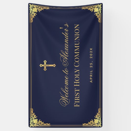 ネイビーブルーボーイファースト通信フェイク金ゴールドヴィンテージ 横断幕 (縦)