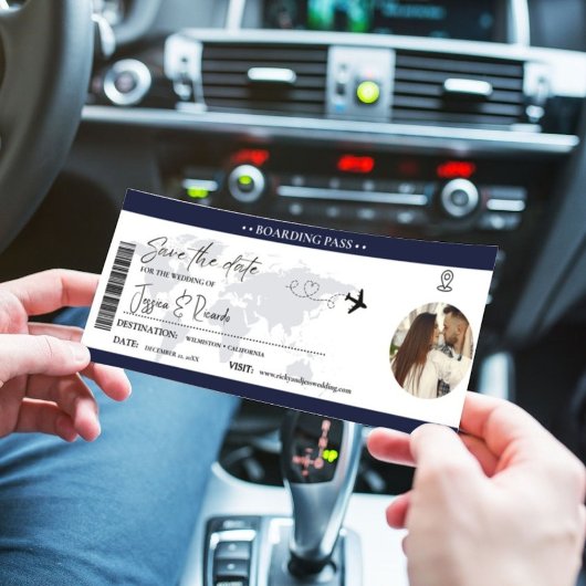 ネイビーブルーボーディングパスチケット結婚ズ セーブザデート