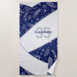 ネイビーブルーボーホーフローラドードルパターンバレーボール ビーチタオル