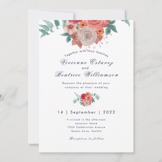 ネイビーブルーボーホーレッドローズ結婚式招待状 招待状 (正面)