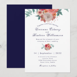ネイビーブルーボーホーレッドローズ結婚式招待状 招待状