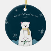 ネイビーブルーポーラベアママとベビー初めてのクリスマス セラミックオーナメント (正面)