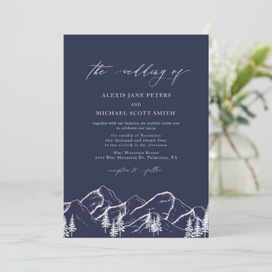 ネイビーブルーマウンテンズアウトドアパインツ結婚リー 招待状 (スタンド正面)