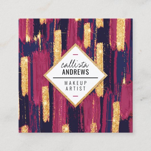 ネイビーブルーマウーブパープル金ゴールド絵を描グリッターメイクアップ スクエア名刺 (正面)