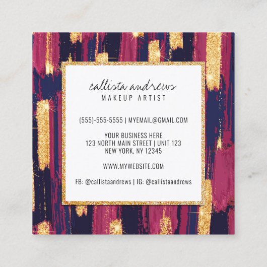 ネイビーブルーマウーブパープル金ゴールド絵を描グリッターメイクアップ スクエア名刺 (裏面)