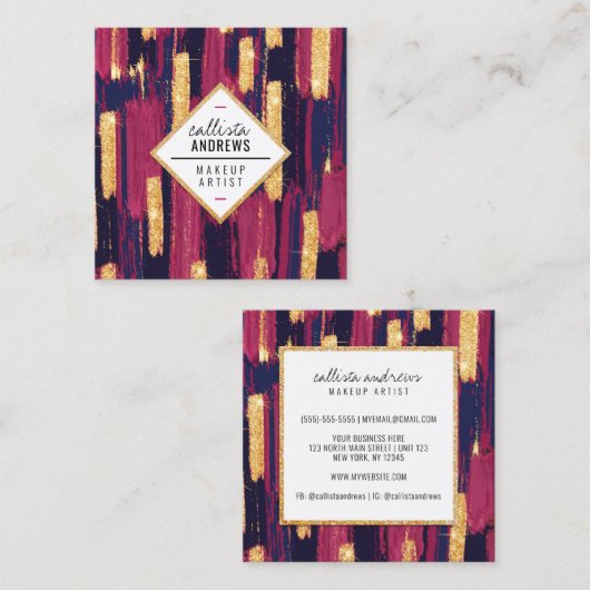 ネイビーブルーマウーブパープル金ゴールド絵を描グリッターメイクアップ スクエア名刺 (正面/裏面)