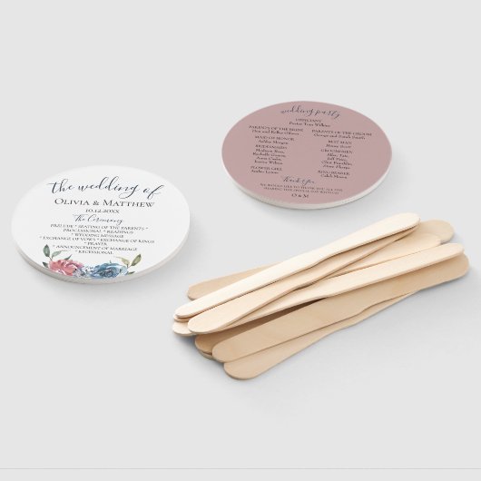 ネイビーブルーマウーブボタニカル結婚式 プログラム ハンドファン (組立なし)