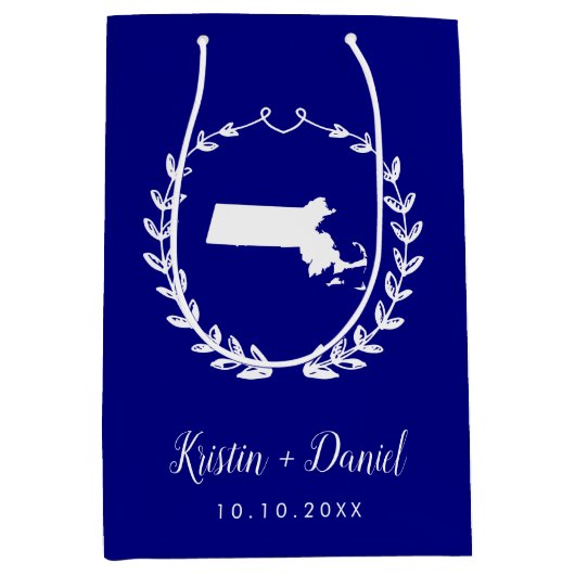 ネイビーブルーマサチューセッツ結婚マップの歓迎スワッグ ミディアムペーパーバッグ (正面)