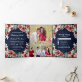 ネイビーブルーマルサラフローラフォトコラージュ結婚ズ 三つ折り招待状 (内部)