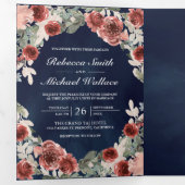 ネイビーブルーマルサラフローラフォトコラージュ結婚ズ 三つ折り招待状 (内部最初)