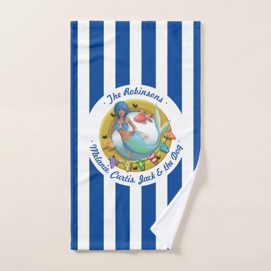 ネイビーブルーマーストライプのメイドポートホールサマービーチ バスタオルセット (ハンドタオル)