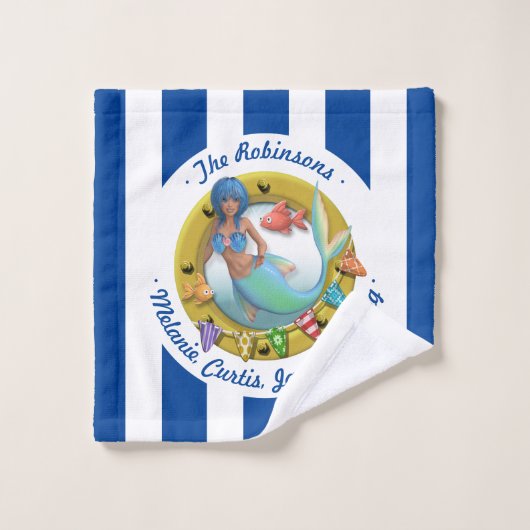 ネイビーブルーマーストライプのメイドポートホールサマービーチ バスタオルセット (ウォッシュタオル)