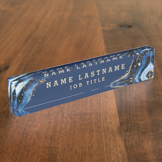 ネイビーブルーマーブルアゲート金ゴールドグリッタープロフェッショナル デスクネームプレート (側面)