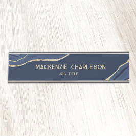 ネイビーブルーマーブルアゲート金ゴールドグリッタープロフェッショナル デスクネームプレート