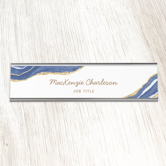 ネイビーブルーマーブルアゲート金ゴールドグリッタープロフェッショナル デスクネームプレート