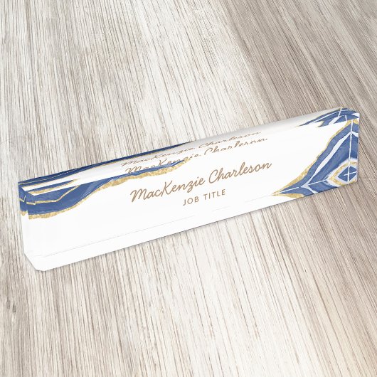 ネイビーブルーマーブルアゲート金ゴールドグリッタープロフェッショナル デスクネームプレート