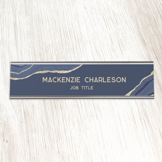 ネイビーブルーマーブルアゲート金ゴールドグリッタープロフェッショナル デスクネームプレート