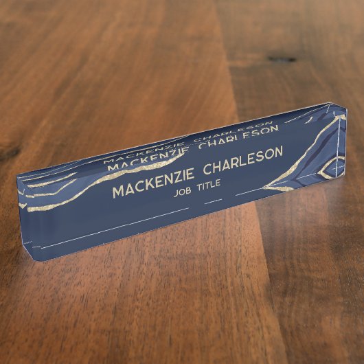 ネイビーブルーマーブルアゲート金ゴールドグリッタープロフェッショナル デスクネームプレート (側面)