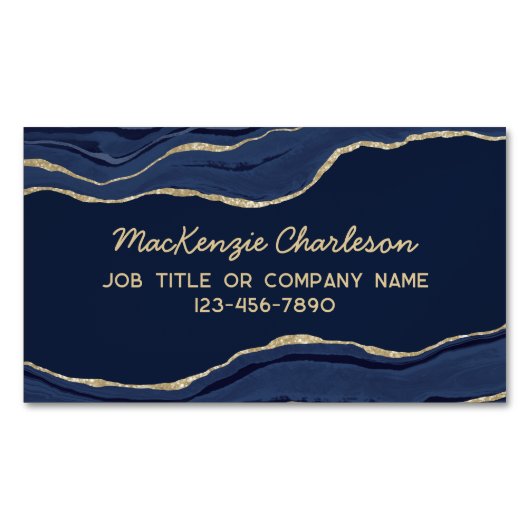 ネイビーブルーマーブルアゲート金ゴールドグリッター マグネット名刺 (正面)