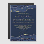 ネイビーブルーマーブルアゲート金ゴールド結婚グリッター マグネット招待状 (正面/裏面)