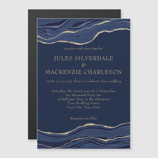 ネイビーブルーマーブルアゲート金ゴールド結婚グリッター マグネット招待状 (正面/裏面)