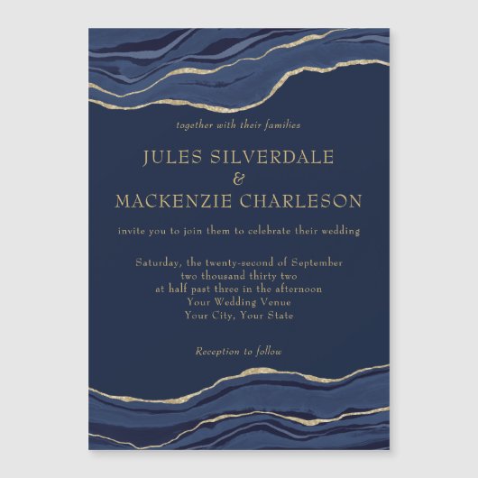 ネイビーブルーマーブルアゲート金ゴールド結婚グリッター マグネット招待状 (正面)
