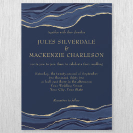 ネイビーブルーマーブルアゲート金ゴールド結婚グリッター マグネット招待状