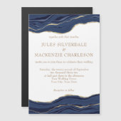 ネイビーブルーマーブルアゲート金ゴールド結婚グリッター マグネット招待状 (正面/裏面)