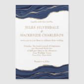 ネイビーブルーマーブルアゲート金ゴールド結婚グリッター マグネット招待状 (正面)