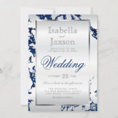 ネイビーブルーマーブルシルバー&ホワイトサテン招待状 招待状 (正面)