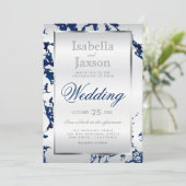 ネイビーブルーマーブルシルバー&ホワイトサテン招待状 招待状 (スタンド正面)