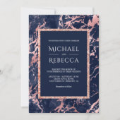 ネイビーブルーマーブルバラ金ゴールドオールインワン結婚ズ 招待状 (正面)