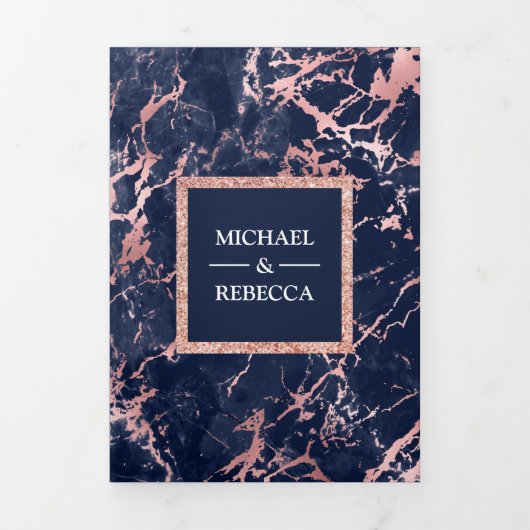 ネイビーブルーマーブルバラ金ゴールドグリッター結婚写真 三つ折り招待状 (カバー)