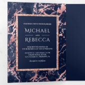 ネイビーブルーマーブルバラ金ゴールドグリッター結婚写真 三つ折り招待状 (内部最初)