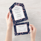 ネイビーブルーマーブルフェイクバラゴールドフォイル結婚ズ オールインワン招待状 (貼ってはがせる)