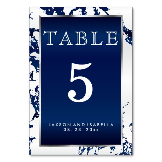 ネイビーブルーマーブルホワイト&シルバー – テーブルカード (正面)