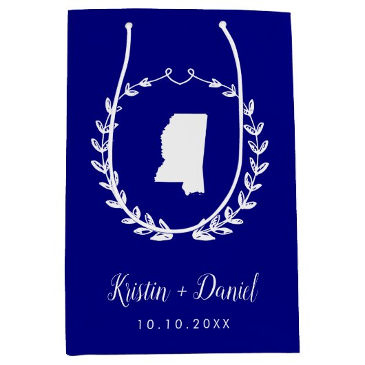 ネイビーブルーミシシッピ結婚マップの歓迎スワッグ ミディアムペーパーバッグ (正面)