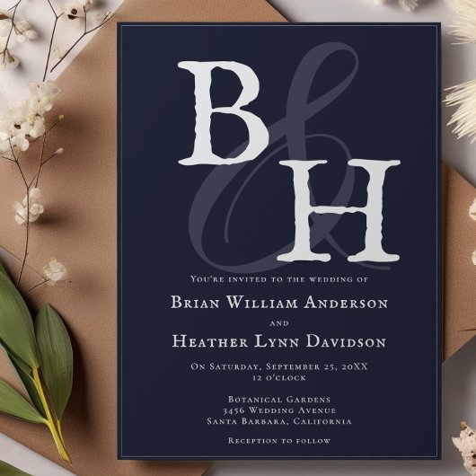 ネイビーブルーミニマリストモノグラム結婚ズ 招待状