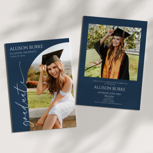 ネイビーブルーミニマリスト写真アーチ卒業パーティー 招待状