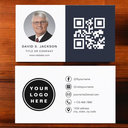 ネイビーブルーミニマリスト写真QRコードソーシャルメディア 名刺