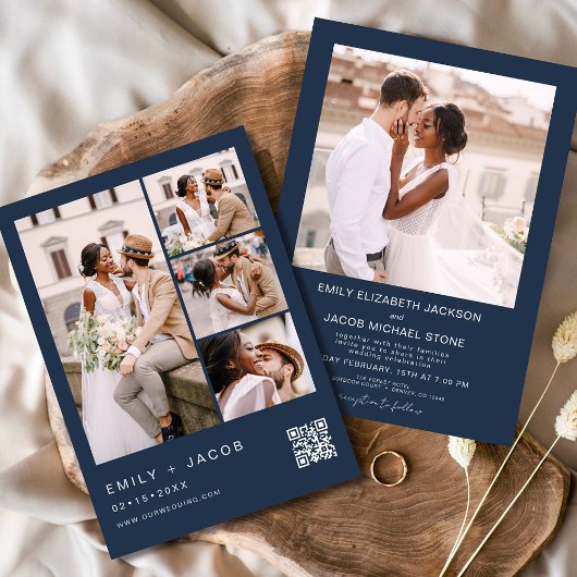 ネイビーブルーミニマリスト写真QRコードホワイト結婚ズ 招待状